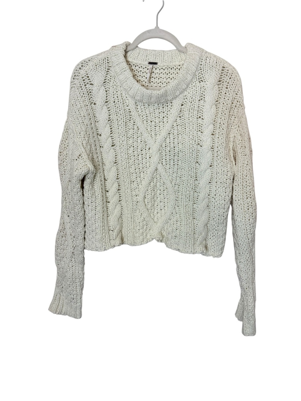 Free People Cream Chunky Cable Knit Cropped Sweater Size XS - Picture 2 of 9